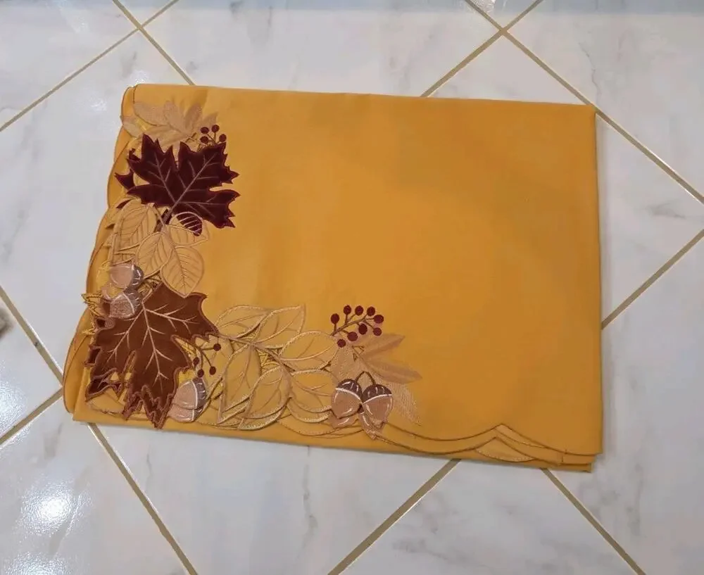 Evermaple Gold Embroidered Fall Leaves Tablecloth 60